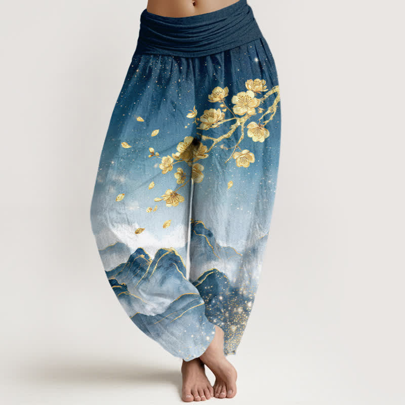 Buddha Stones Pantalones harem de cintura elástica para mujer con estampado de nube y flores de Cotton Mountain - Azul acero - US16，UK/AU20，EU48 (3XL) - image 0