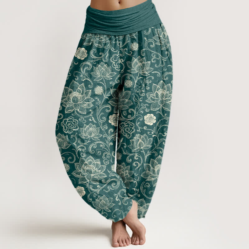 Buddha Stones Pantalones harem de algodón con estampado bohemio de flores y lotos para mujer, cintura elástica. - Verde azulado - US16，UK/AU20，EU48 (3XL) - image 0