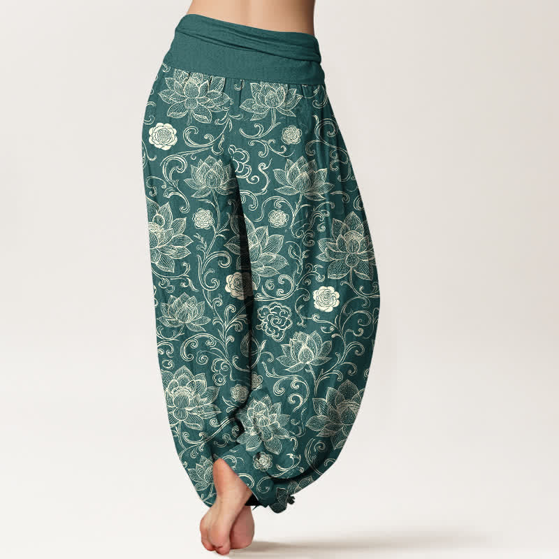 Buddha Stones Pantalones harem de algodón con estampado bohemio de flores y lotos para mujer, cintura elástica. - image 1
