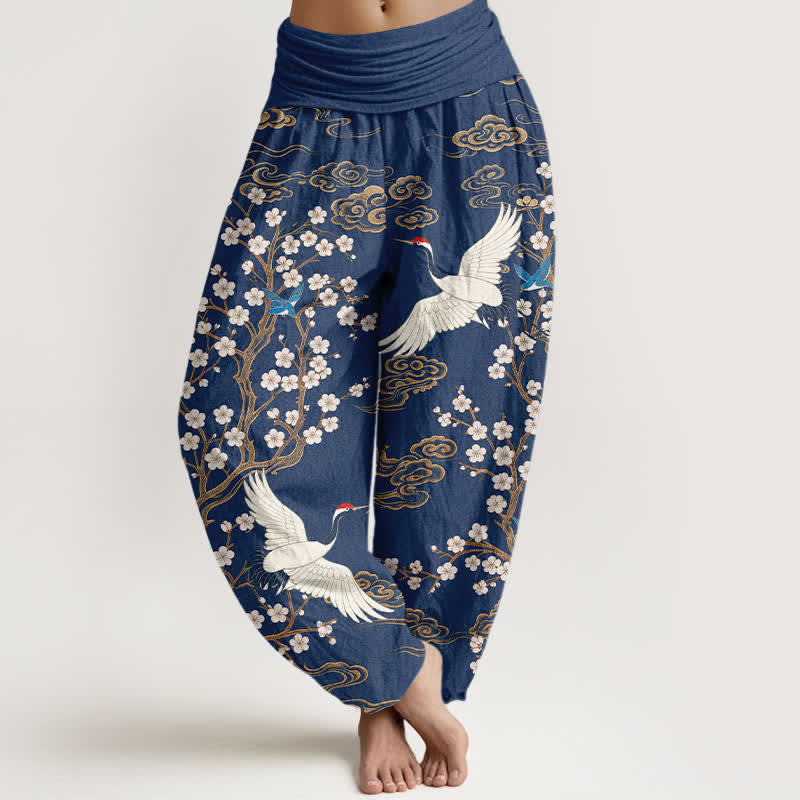 Buddha Stones Pantalones harem de algodón con estampado floral de grullas y cintura elástica para mujer. - Marina de guerra - US16，UK/AU20，EU48 (3XL) - image 0