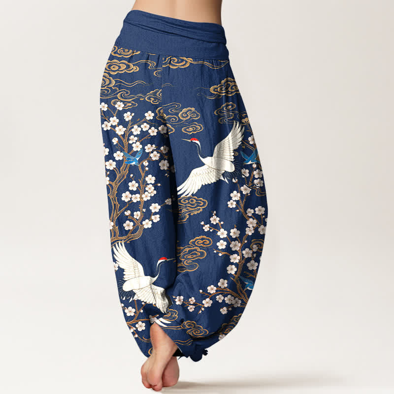 Buddha Stones Pantalones harem de algodón con estampado floral de grullas y cintura elástica para mujer. - image 1