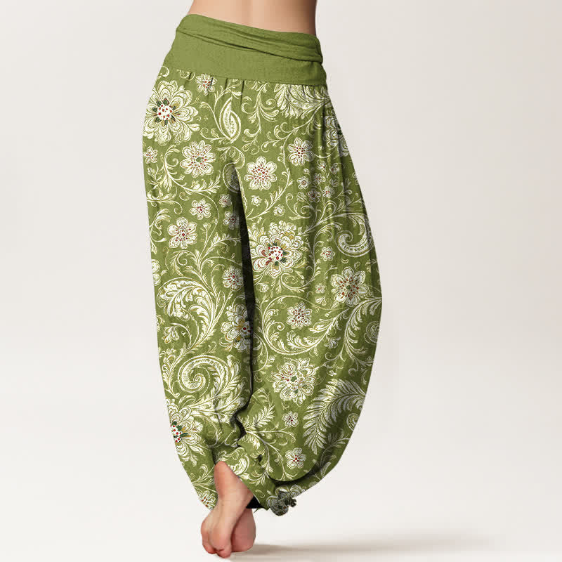 Buddha Stones Pantalones harem de algodón con cintura elástica y estampado floral, de hojas y estilo bohemio Tang Dynasty para mujer. - image 1