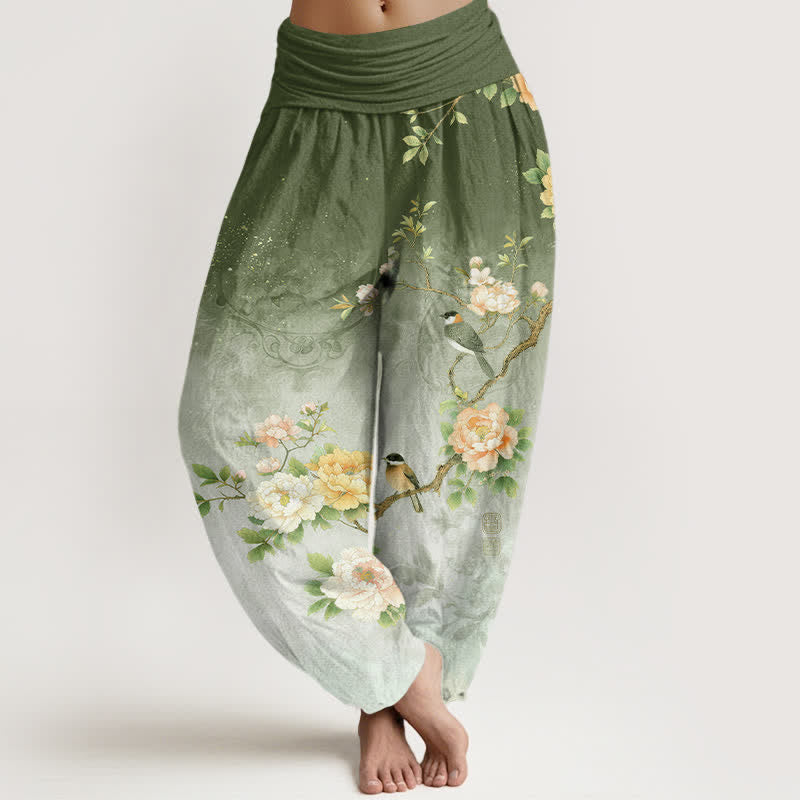 Buddha Stones Pantalones harem de algodón con estampado botánico de ramas y pájaros para mujer con cintura elástica. - Verde oliva - US16，UK/AU20，EU48 (3XL) - image 0