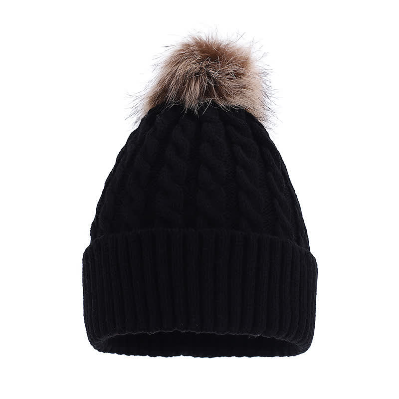 Buddha Stones Gorro de mujer acogedor con pompón y diseño de punto trenzado para otoño/invierno - Negro - Circunferencia de la cabeza: Aprox. 60 cm - image 1