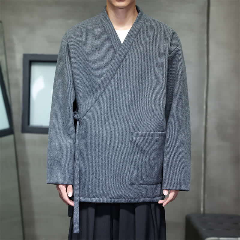 Buddha Stones Kimono minimalista de hombre con cordones y bolsillos, estilo otoño/invierno. - image 1