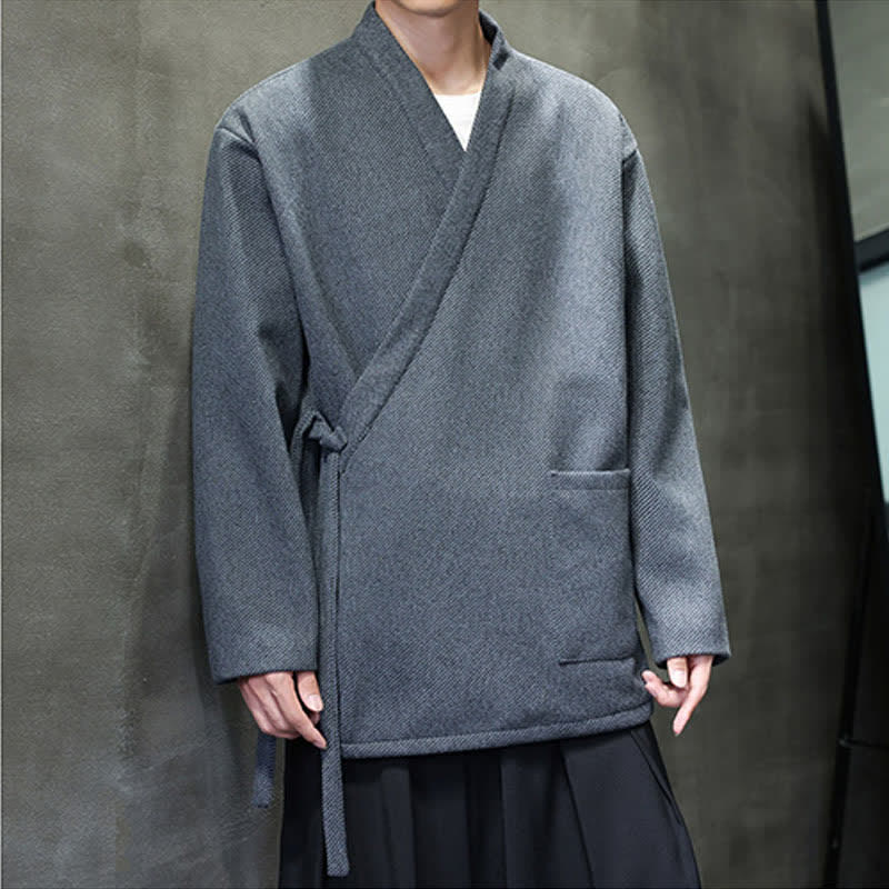 Buddha Stones Kimono minimalista de hombre con cordones y bolsillos, estilo otoño/invierno. - Gris oscuro - US/UK/AU48, UE58 (4XL) - image 0