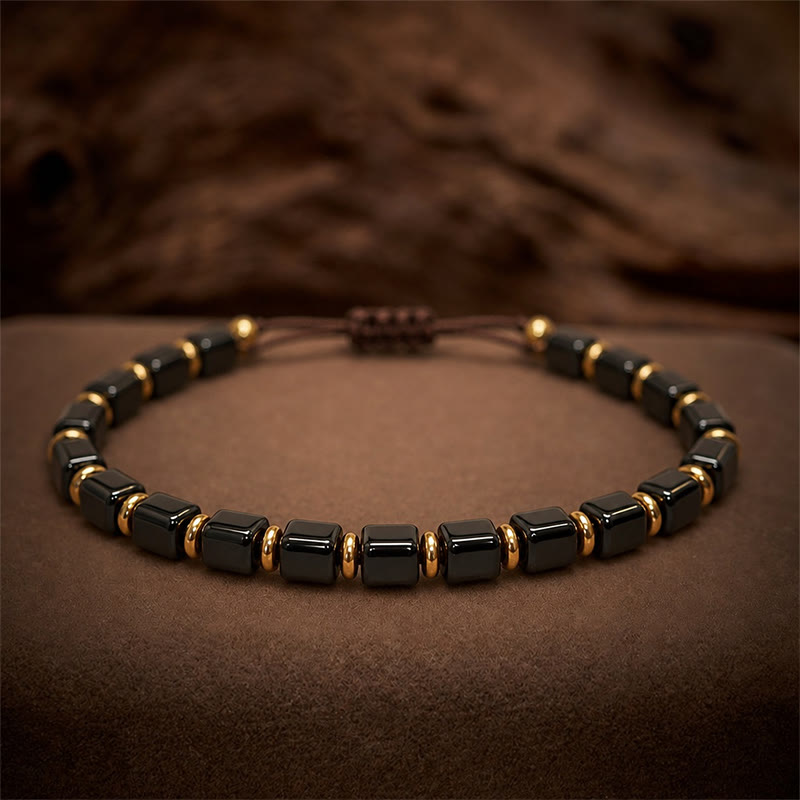 Buddha Stones Pulsera ajustable trenzada con cuentas cuadradas de obsidiana negra - image 2