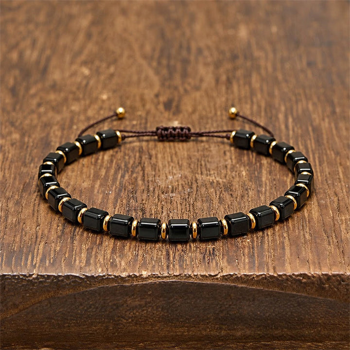 Buddha Stones Pulsera ajustable trenzada con cuentas cuadradas de obsidiana negra - Obsidiana negra (circunferencia de la muñeca: 16-21 cm) - image 0