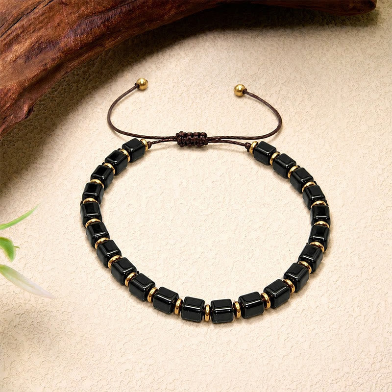 Buddha Stones Pulsera ajustable trenzada con cuentas cuadradas de obsidiana negra - image 3