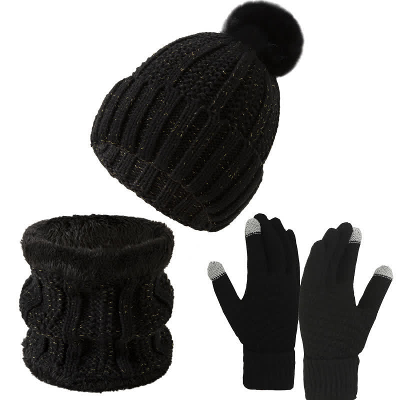 Buddha Stones Gorro, bufanda y guantes de punto de invierno con diseño de punto trenzado y pompón para mujer. - Conjunto de tres piezas negro - image 1