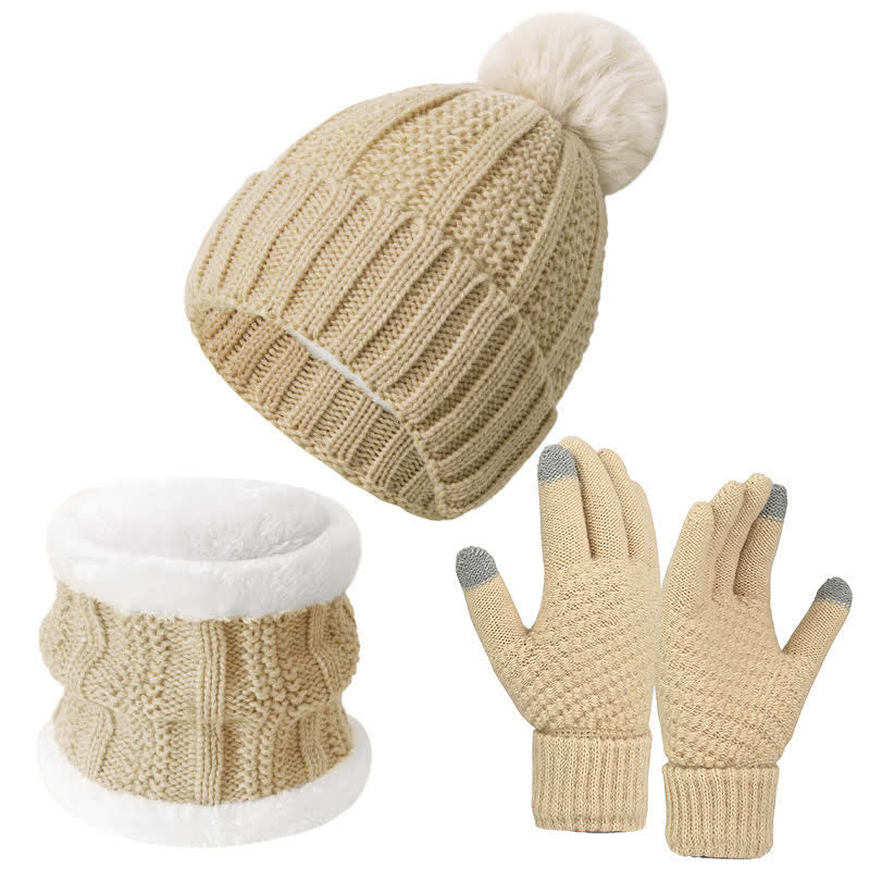 Buddha Stones Gorro, bufanda y guantes de punto de invierno con diseño de punto trenzado y pompón para mujer. - Conjunto de tres piezas color beige - image 0