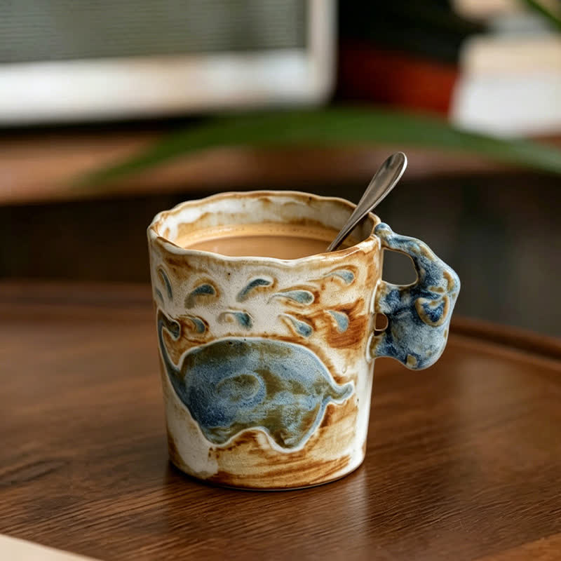 Buddha Stones Taza de café de cerámica Retro Elephant de 250 ml - Copa Elefante Azul - Cerámico - image 0