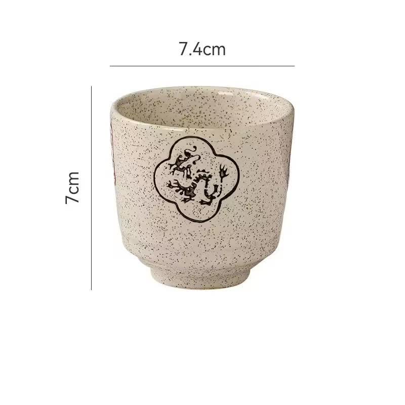 Buddha Stones Taza de té de cerámica rústica pintada a mano con diseño de dragón, loto, peces koi y hojas de sauce. Amuleto de buena suerte. - Dragón - image 1