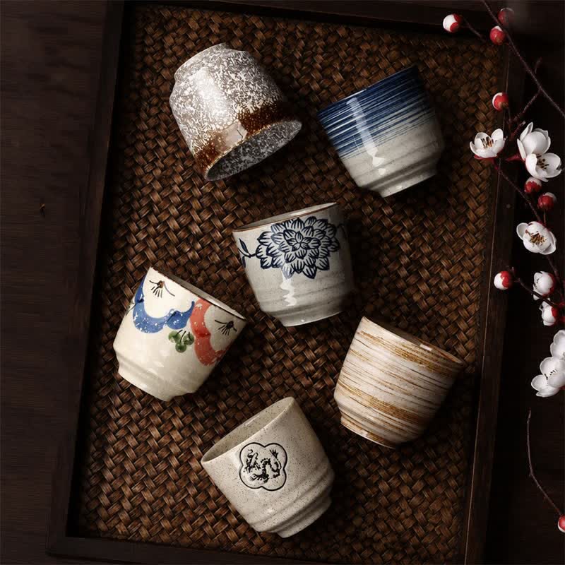 Buddha Stones Taza de té de cerámica rústica pintada a mano con diseño de dragón, loto, peces koi y hojas de sauce. Amuleto de buena suerte. - image 0