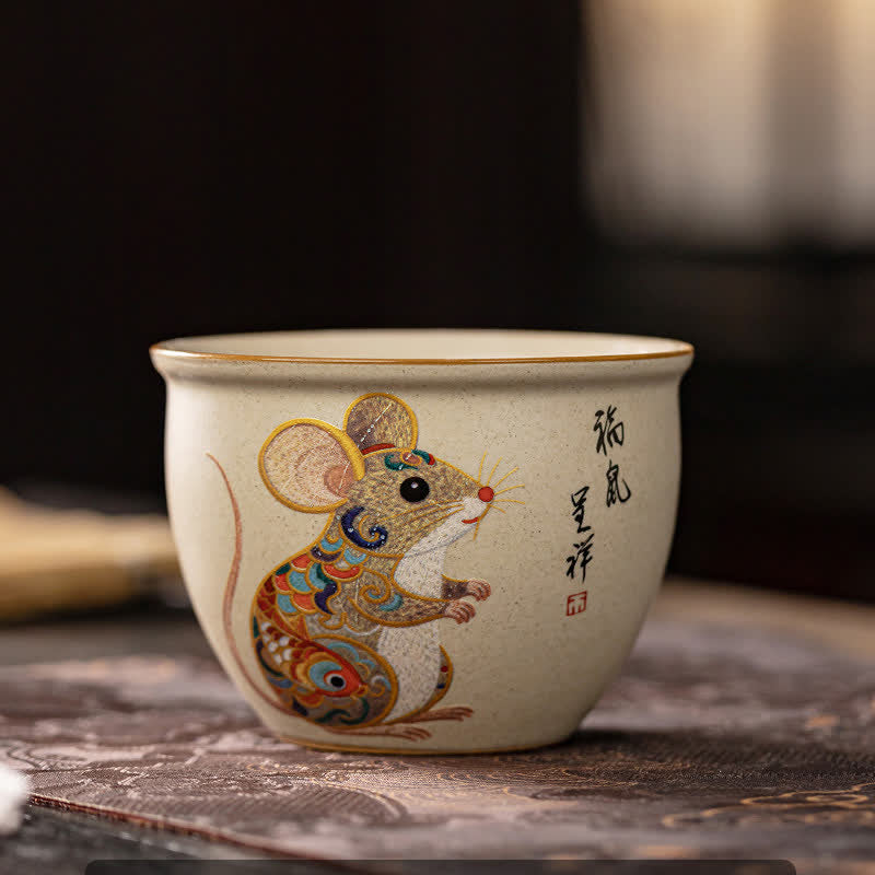 Buddha Stones Taza de té Gongfu de cerámica pintada a mano con el signo del zodiaco chino, 140 ml. - Rata - Aprox. 140 ml - image 1
