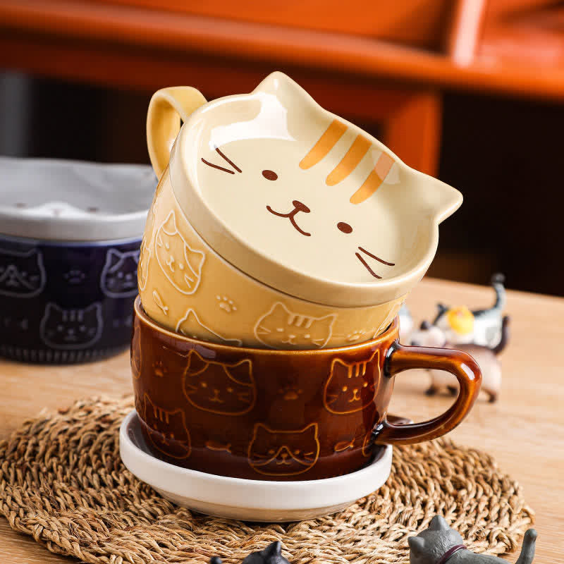 Buddha Stones Taza de desayuno/café con tapa, de cerámica estilo japonés, con cara de gato panda, alpaca, shiba inu y diseño de cara de gato panda/alpaca. - Gato amarillo - Aprox. 10,3 × 10,3 × 6 cm / Aprox. 220 ml - image 0