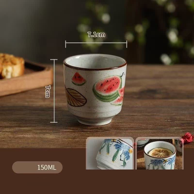 Buddha Stones Taza de té Gongfu de cerámica vintage pintada a mano con motivos de sandía, caqui, pepino y glicinia, 150 ml. - Sandía - Aprox. 150 ml - image 1