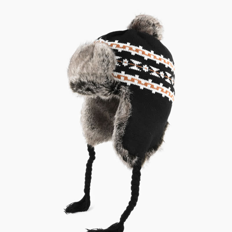 Buddha Stones Gorro de aviador nórdico de invierno para mujer con ribete de felpa y estampado geométrico. - Negro - image 0