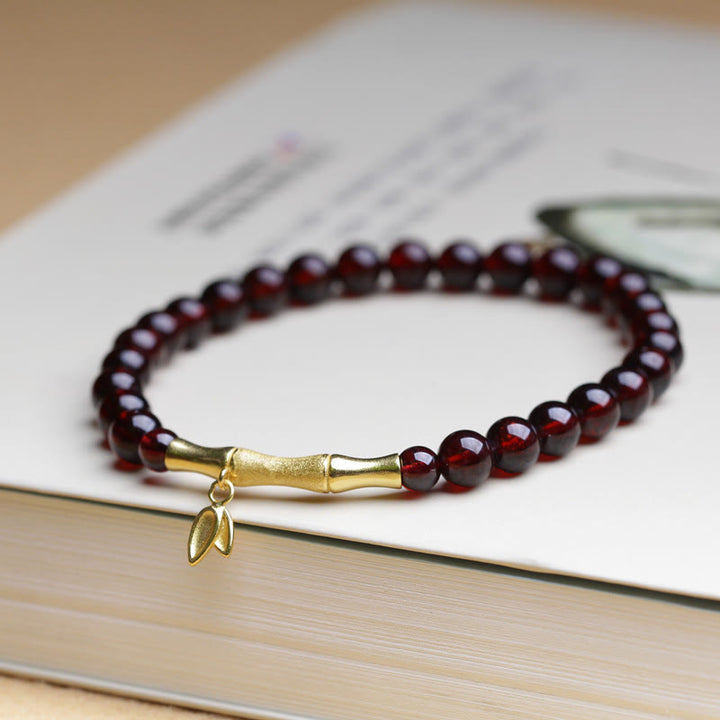Pulsera de protección de bambú con granate natural, chapado en plata de ley 925, oro chapado en cobre de 14 quilates con Buddha Stones