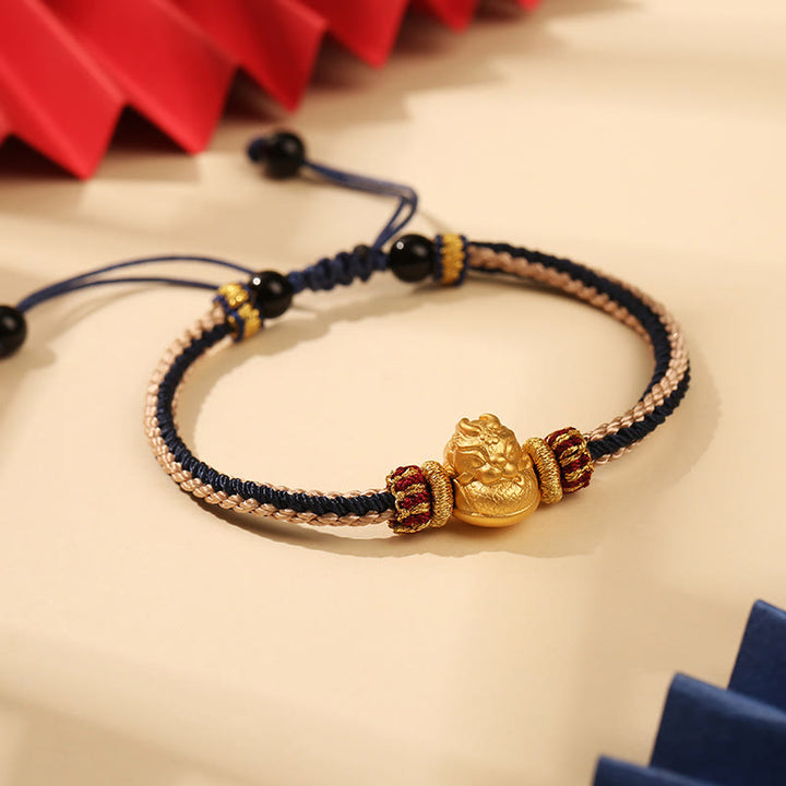 Pulsera trenzada hecha a mano con Buddha Stones de plata de ley 925 con dragón bebé, fuerza de la suerte