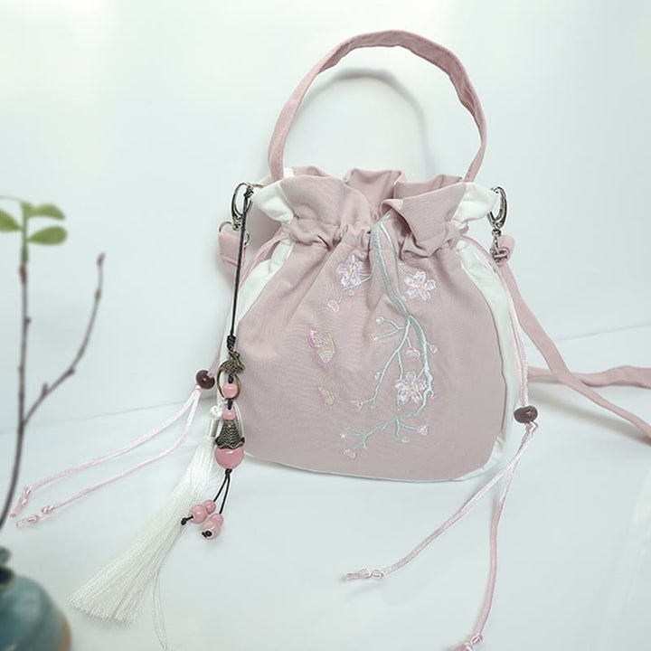 Bolso de hombro de lona con flores bordadas hechas a mano con Buddha Stones