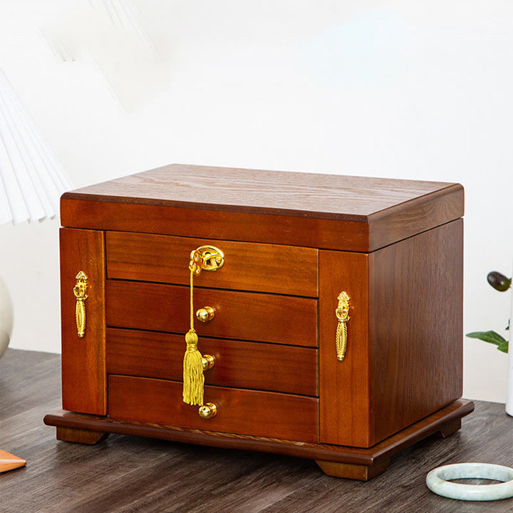 Caja de almacenamiento de joyería de madera de gran capacidad Vintage con Buddha Stones con espejo