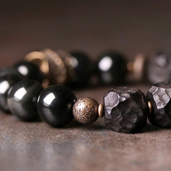 Pulsera de pareja de fuerza de cobre de madera de ébano de obsidiana negra con Buddha Stones