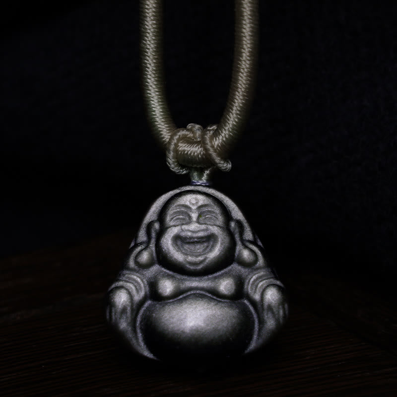 Colgante de collar de protección de Buda sonriente de obsidiana brillante de plata natural con Buddha Stones - image 4