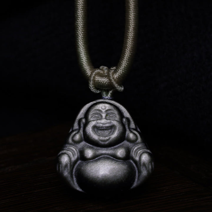 Colgante de collar de protección de Buda sonriente de obsidiana brillante de plata natural con Buddha Stones - image 4