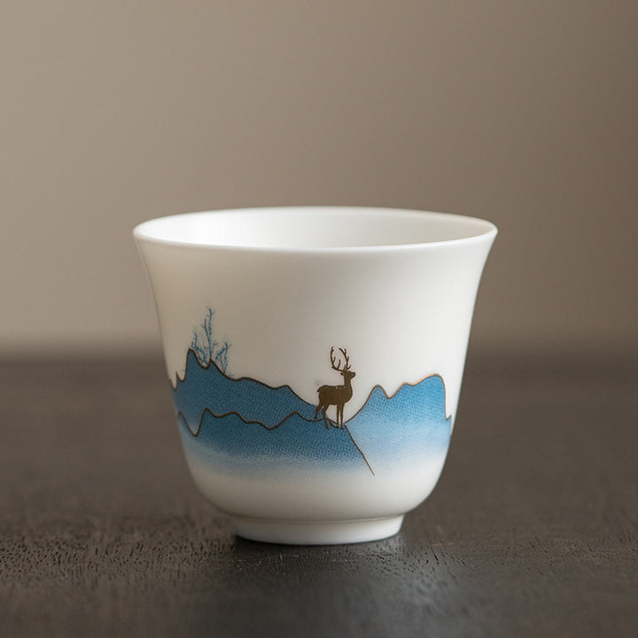 Taza de té de cerámica con Buddha Stones, flor de loto, hoja, montaña, pabellón, alce, peonía, taza de té de Kung Fu