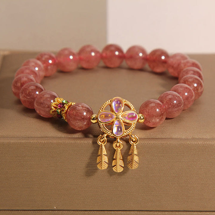 Pulsera de amor con dije de atrapasueños de trébol de cuatro hojas de cuarzo fresa Natural con Buddha Stones