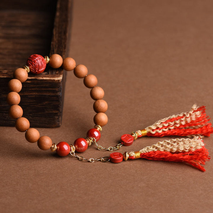 Pulsera de borlas de riqueza PiXiu de cinabrio de madera de melocotón Natural tibetana con Buddha Stones