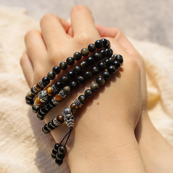 Collar Pulsera Energía Obsidiana Dorada