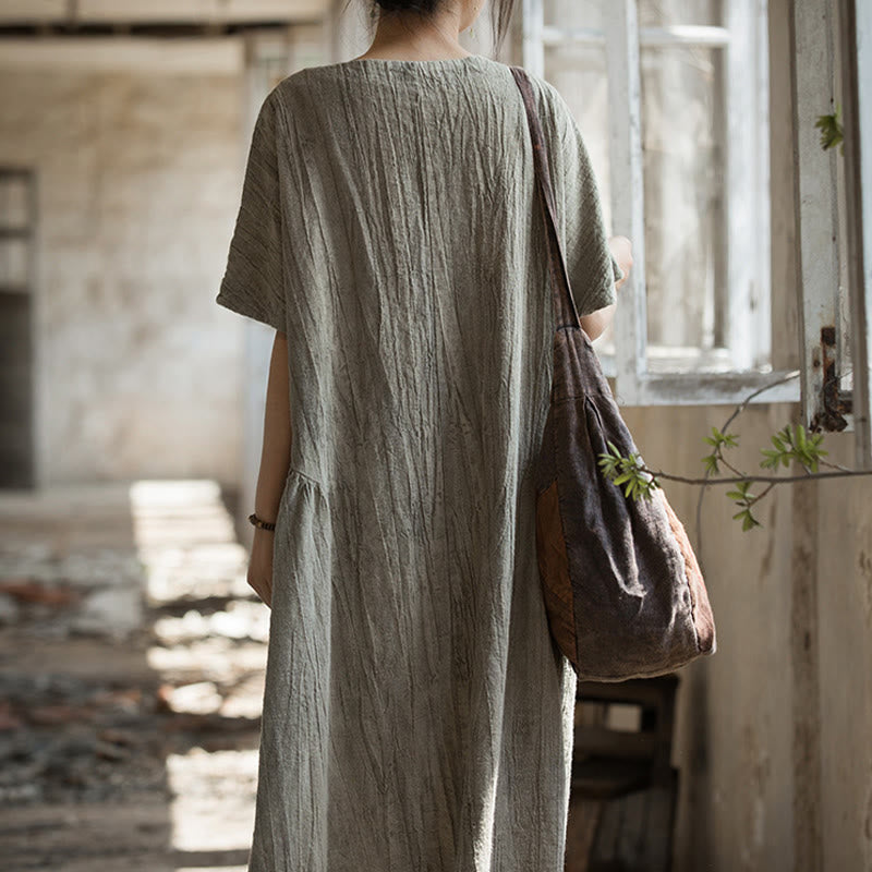 Vestido midi con cuello en V y teñido anudado hecho a mano con Buddha Stones Vestido de manga corta de lino