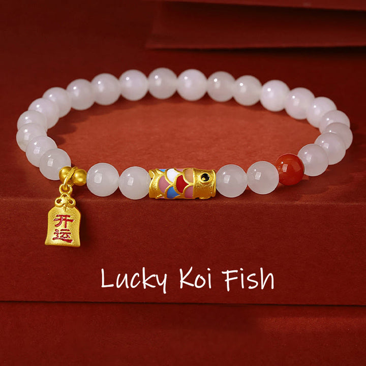 Pulsera de plata de ley 925 con Buddha Stones , jade blanco hetiano, ágata roja, pez Koi, suerte y felicidad