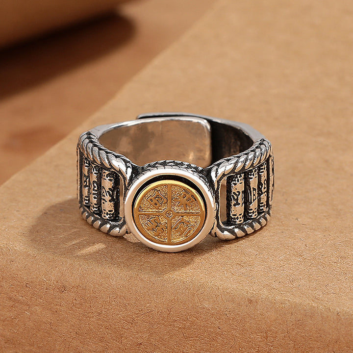 Anillo giratorio de pureza de moneda de cobre con diseño tallado de Om Mani Padme Hum tibetano de Buddha Stones
