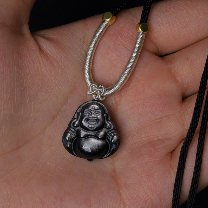 Colgante de collar de protección de Buda sonriente de obsidiana brillante de plata natural con Buddha Stones - image 8