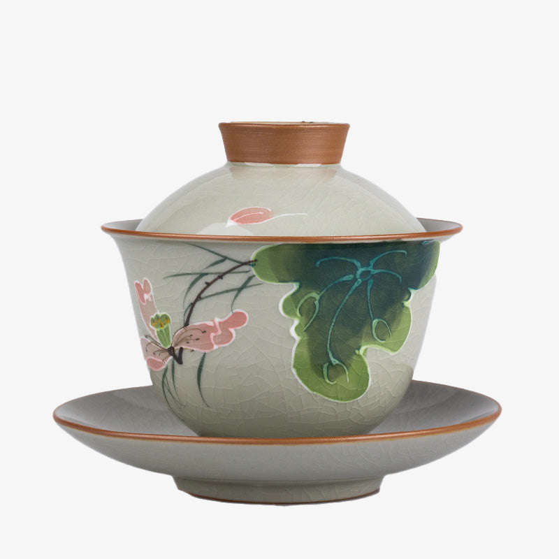 Buddha Stones, loto, pez Koi, hoja de vaina, taza de té de cerámica Gaiwan Sancai, taza de té de Kung Fu y platillo con tapa, 140ml