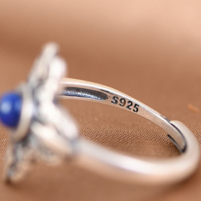 Anillo ajustable positivo de lazurita natural de plata de ley 925 con Buddha Stones del Tíbet