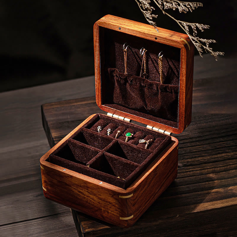 Caja organizadora de regalo de madera, caja de almacenamiento de joyería de palisandro hecha a mano con hoja de flor antigua