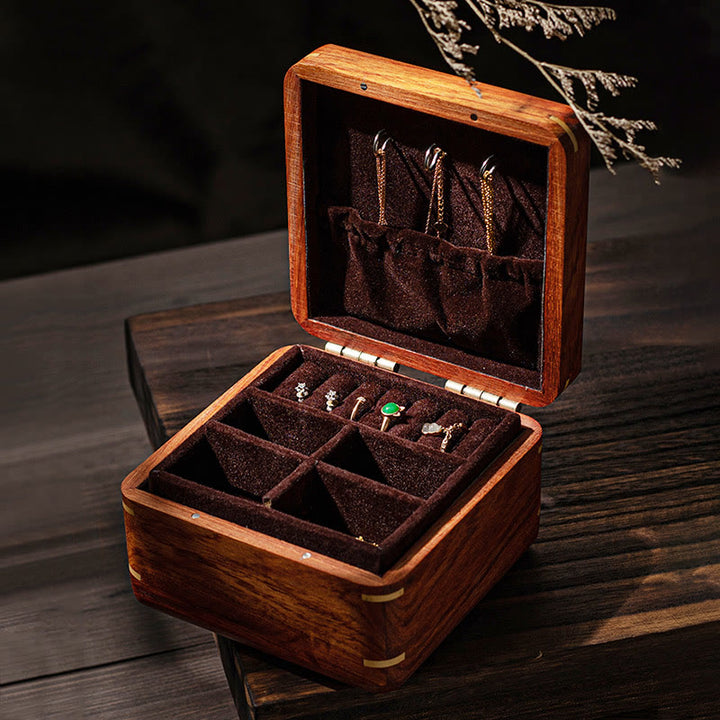 Caja organizadora de regalo de madera, caja de almacenamiento de joyería de palisandro hecha a mano con hoja de flor antigua
