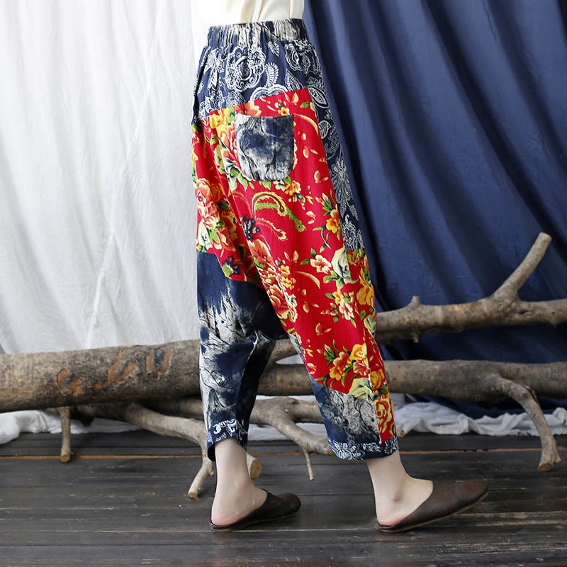 Pantalones bombachos de lino y algodón con retazos de flores de peonía azul y rojo con Buddha Stones y bolsillos