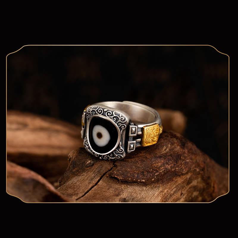 Anillo de protección de cuentas Dzi con diseño de diosa de la riqueza Zakiram de plata de ley 925 con Buddha Stones