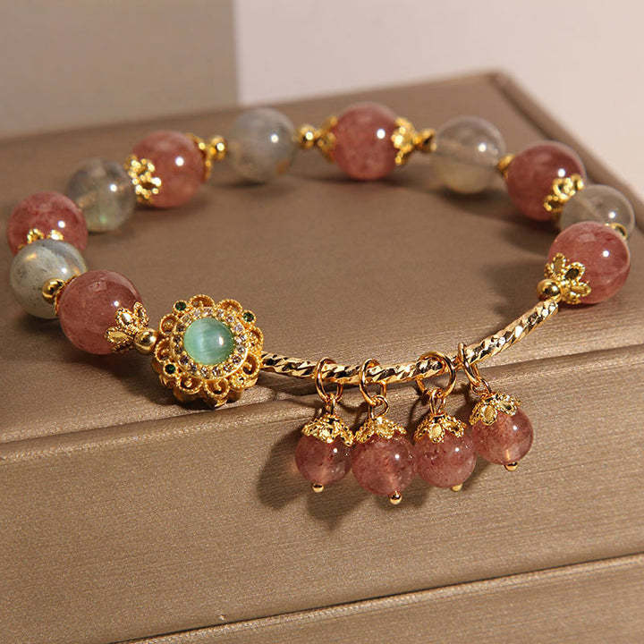 Pulsera con dije de borla curativa con piedra lunar de cuarzo fresa y Buddha Stones