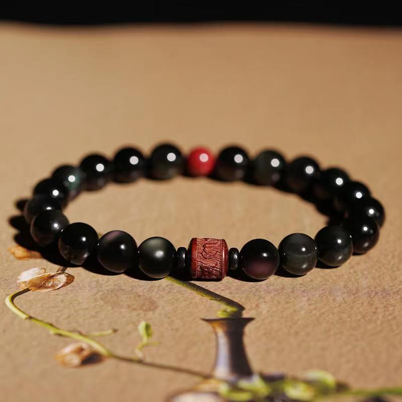 Pulsera curativa con carácter de obsidiana arcoíris de obsidiana con brillo de oro natural con Buddha Stones Om Mani Padme Hum Fu