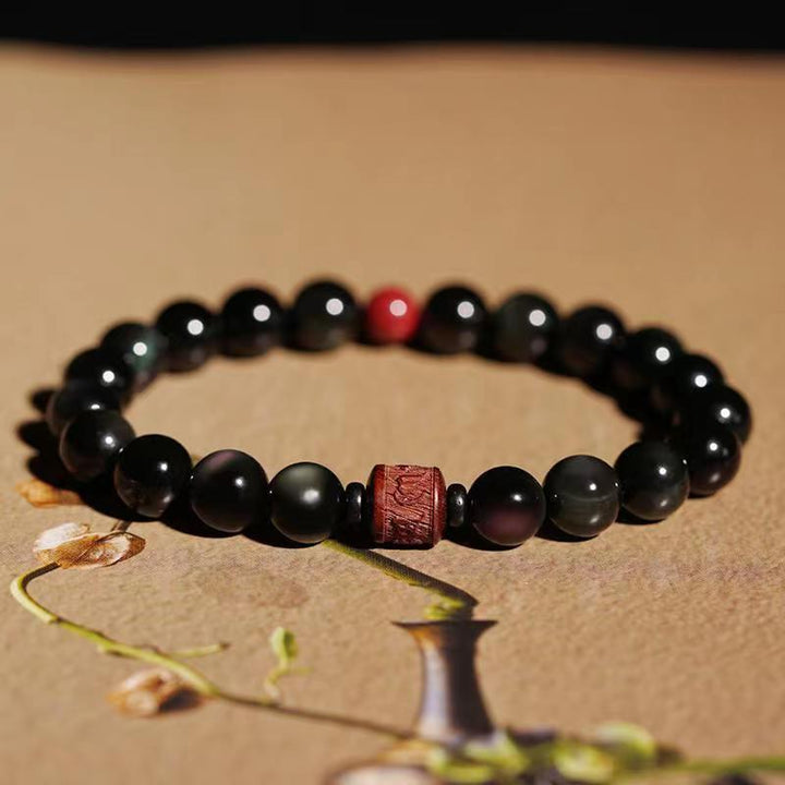 Pulsera curativa con carácter de obsidiana arcoíris de obsidiana con brillo de oro natural con Buddha Stones Om Mani Padme Hum Fu