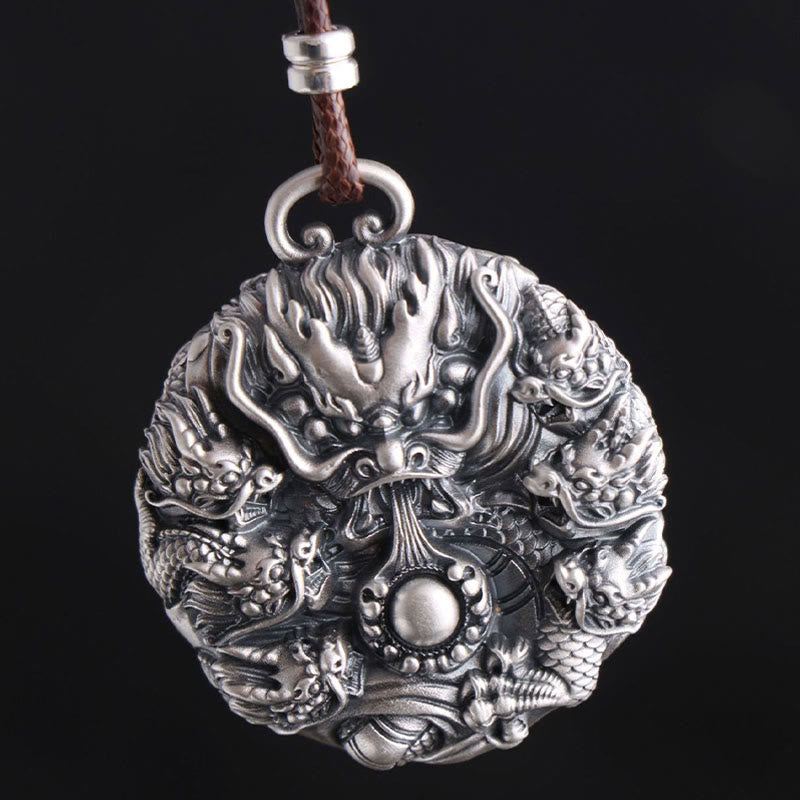 Collar con colgante de plata de ley 999 con Buddha Stones , nueve dragones jugando con una perla, protección de la suerte