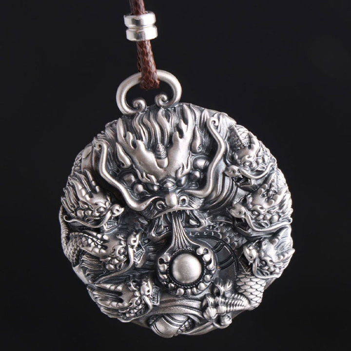 Collar con colgante de plata de ley 999 con Buddha Stones , nueve dragones jugando con una perla, protección de la suerte