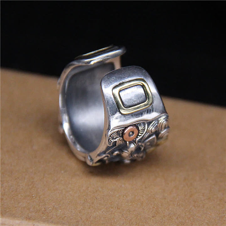 Anillo ajustable de protección de ganado Fengshui Kui de plata de ley 925