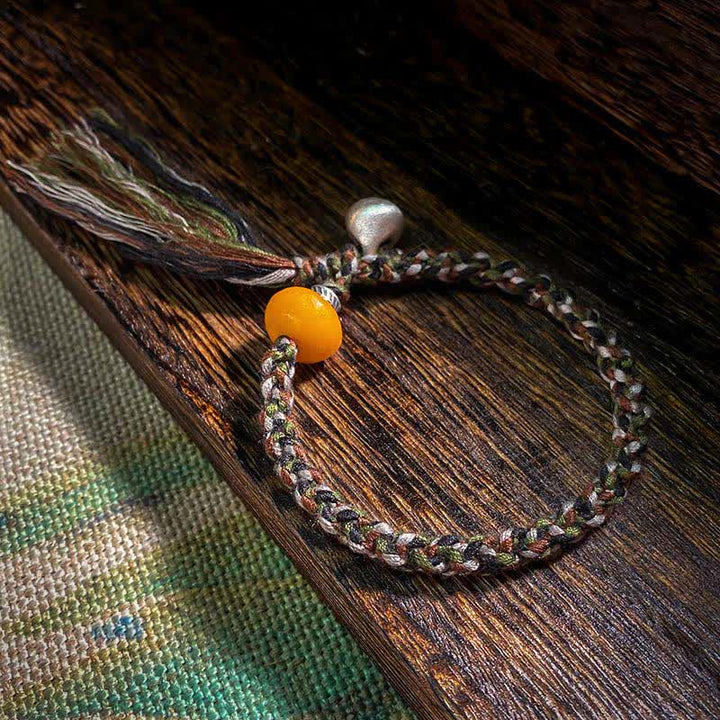 Pulsera de protección de deseos de peso de acero de ámbar hecho a mano tibetana de plata de ley 990